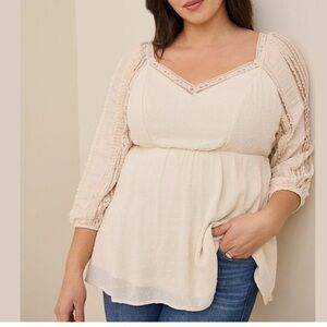 Torrid Cream Peplum Gauze Clip Dot Smocked Back Top